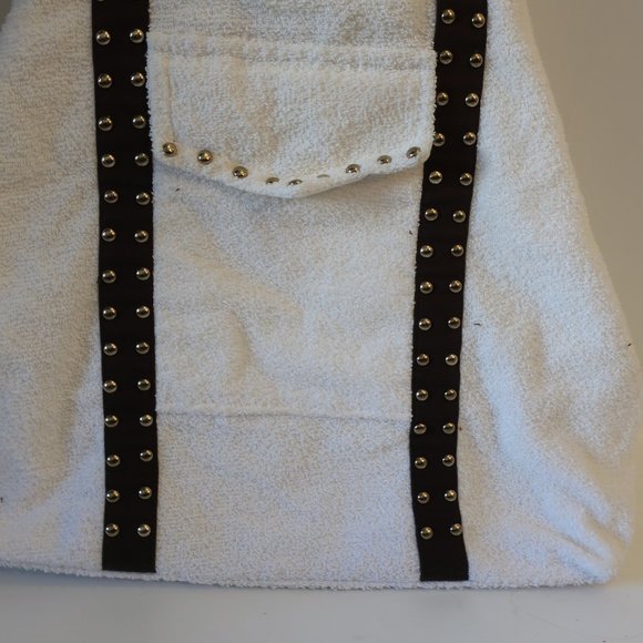 Womens Shay Todd White Brown Gold Studded Terry Cloth Tote Shoulder Handbag * - Picture 3 of 12
